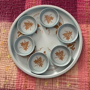 Charming mid-century Blue and Brown tray and coaster Set